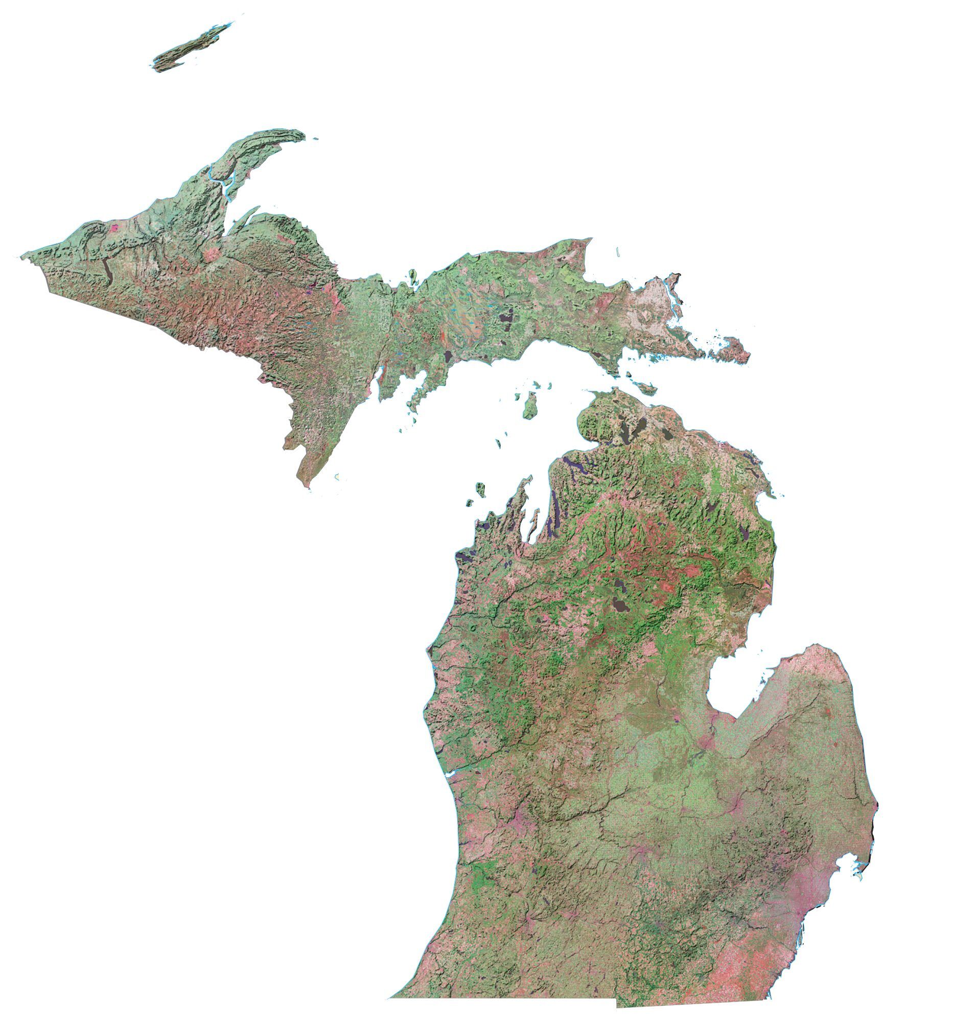 Satellite relief map of Michigan, the mitten and the Upper Peninsula, surrounded by the Great Lakes